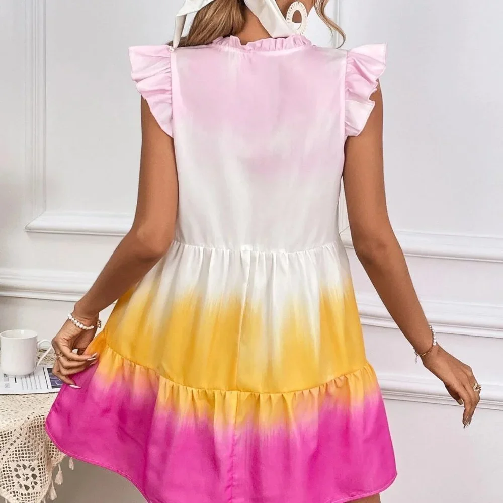 Tie Dye Frill Tie Neck Ruffle Hem Smock Dress - Picture 5 of 5